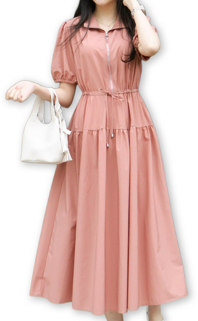 메리앤유 하트지퍼 반오픈집업 셔링플레어 스판반팔원피스