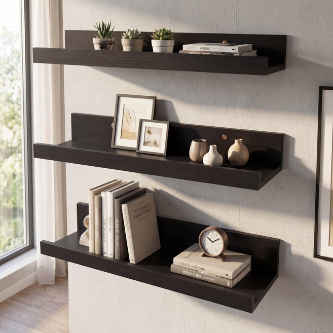 벽선반 인테리어 벽걸이 선반 원목 무지주 선반 타공 3개, 블랙, 1단