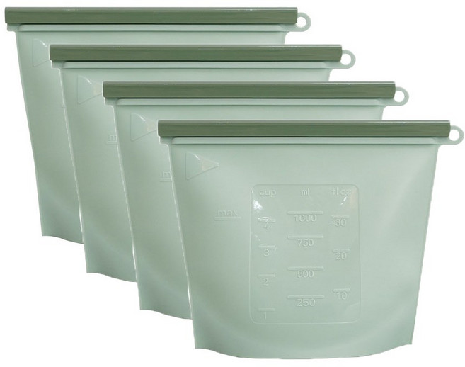 다회용 두툼 대용량 밀폐 실리콘 지퍼백 전자레인지 사용 가능한 실리콘 지퍼백 1세트 YHY, 녹색*4, 4개