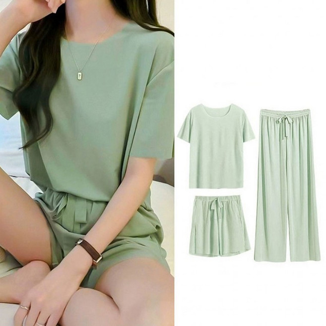 옆집샵 아이스 쿨링 홈웨어 3 종 세트 여성 잠옷 반팔 긴바지 반바지 실크 감촉