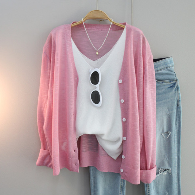 달콩 여성 빅사이즈 여름가디건 시원한소재 루즈핏 위드미린넨브이넥가디건