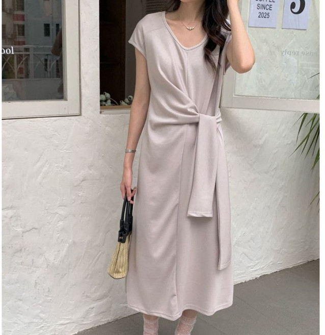 CHILL 女神感氣質綁結設計連身裙 休閒長洋裝 顯瘦棉質, 杏