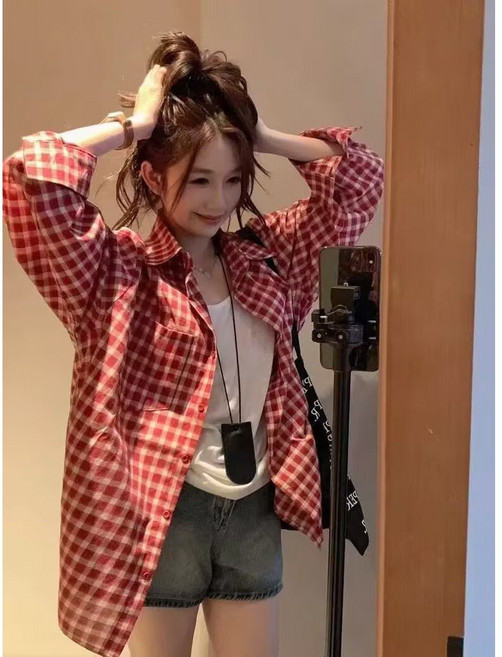 채윤러브 여성 체크 오버핏 셔츠 CY0438A