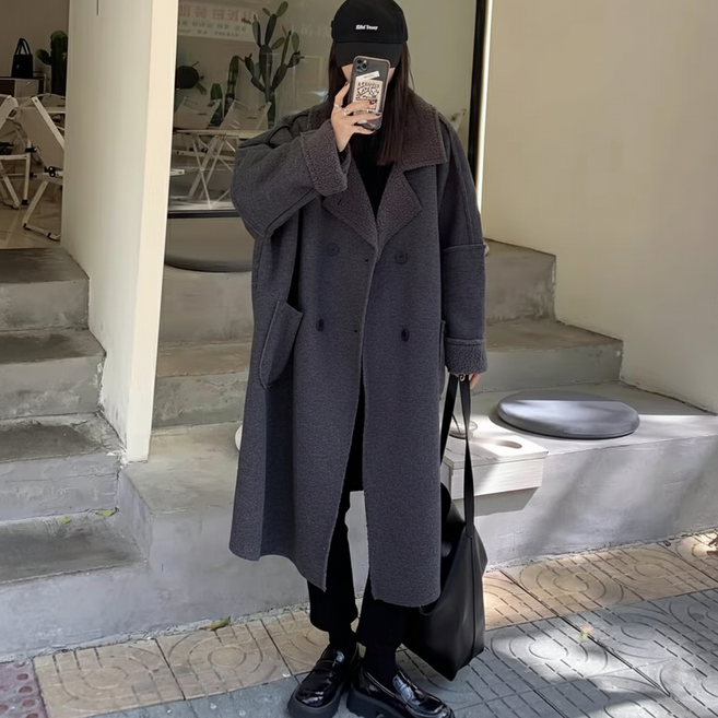 퀸앤조이 여성 겨울 빅사이즈 롱코트 오버핏 빅카라 니트 더블버튼 데일리 롱가디건 봄 가을