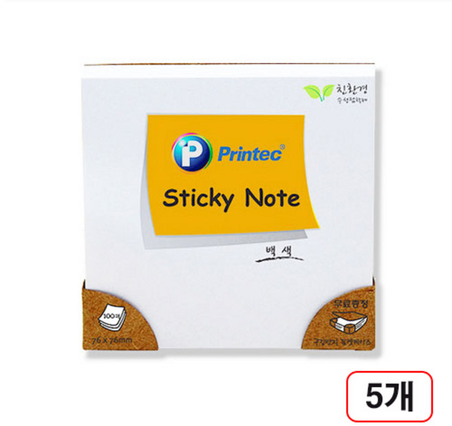 프린텍)스티키노트 파스텔(76x76mm/100매), 흰색(7676W), 100매, 5개