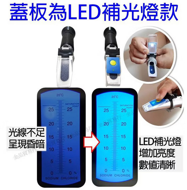 鹽度計 0-100(千分比) 比重計 測海水鹹度 養殖 水族, 蓋板為LED補光燈, 1個