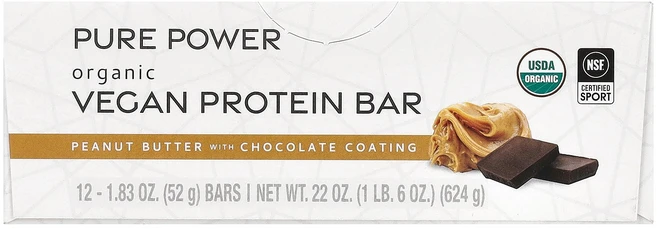 Dr. Mercola Pure Power 유기농 비건 프로틴바 피넛버터 초콜릿 코팅 12개입 각 52g(1.83온스), 1개 - 쿠팡