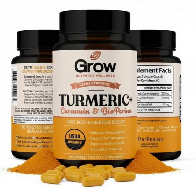 Grow Vitamin Curcumin+ Ultra: 유기농 고효능 블렌드 | 95% 커큐미노이드 함유 최대 강도 강황 포뮬러 USDA 인증 30일 분량, 1개 - 쿠팡