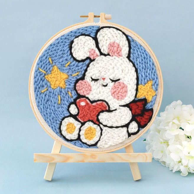 戳戳繡毛線畫學生刺繡卡通diy裝飾十字繡兒童課外手工閨蜜禮物, 1個, 乖乖兔:簡單筆+支架+材料包