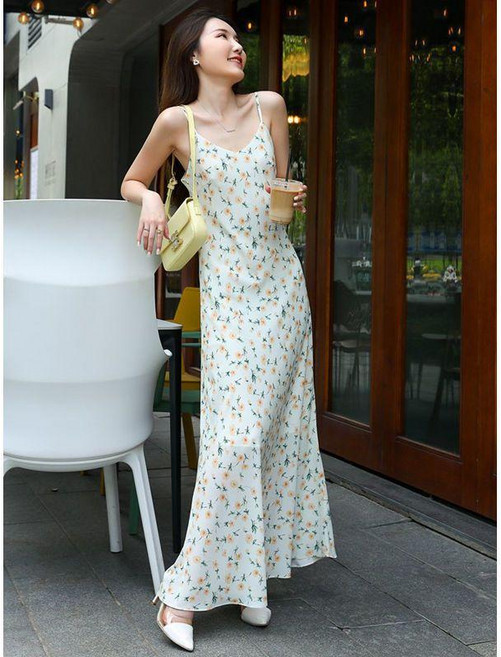 碎花吊帶連衣裙女 V領長裙, 小黃花,2XL, 小黃花