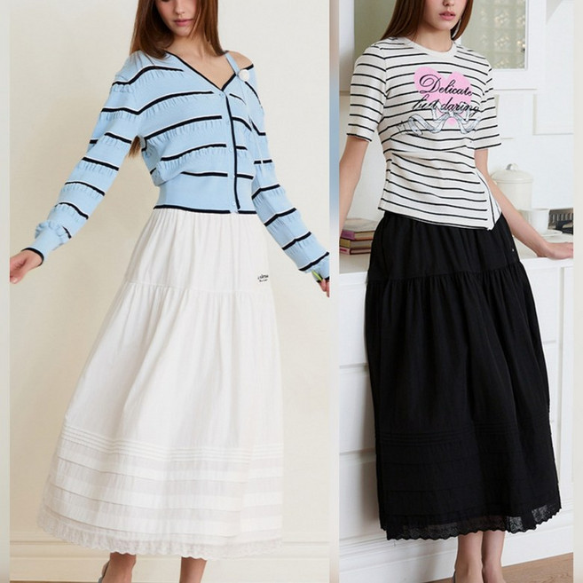 에고이스트 핀턱 레이스 밴딩 티어드 스커트 ES2OSK52_DG