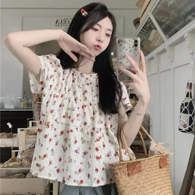 해피유통 여성 반팔 꽃무늬 블라우스 사랑스러운 스타일