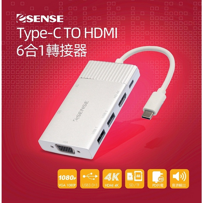 Esense Type-C 轉 HDMI 6合1 轉接器 ECH611，含稅, 1個