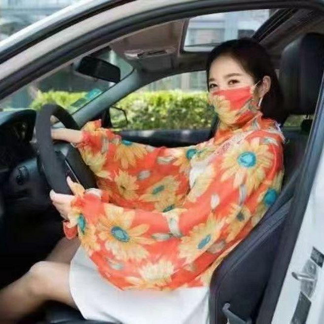 防曬披肩女冰絲披肩防紫外線披肩面紗套裝夏季韓版開車騎車斗篷女 副廠商品