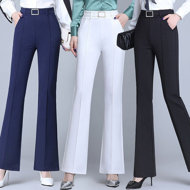 여성용 중년 얇은 스판 밴딩 부츠컷 와이드팬츠 나팔바지 봄 여름 하이웨스트 정장바지