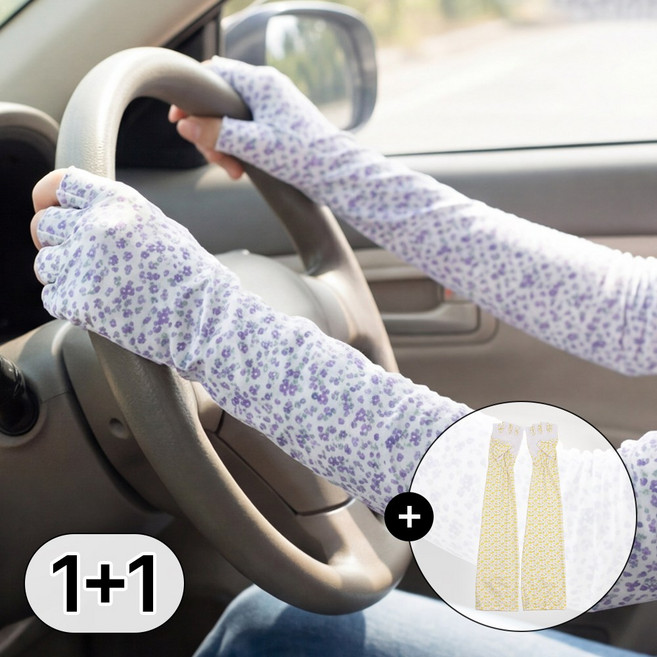 라뷰드 파스텔 꽃무늬 냉감 쿨토시 반장갑 여성 봄여름 얇은 편안한 팔토시 고무 밴딩 가벼운 햇빛 가리개 골프 등산 자전거 캠핑 시원한 양손 덮개, 2개, 옐로우+퍼플