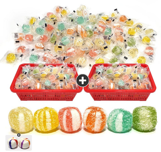 소쿠리 바구니 과일맛사탕(약100개입) x 2통+자색옥춘사탕 20g 세트 번들2호, 2.02kg, 1세트