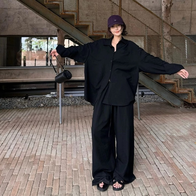 린넨 면마 루즈핏 세트 polo넥 셔츠 상의 이완감 세트 여자 봄 가을 순색 베이직 캐주얼 와이드 팬츠 투피스