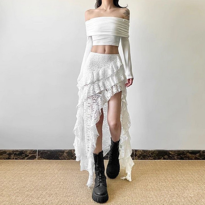 다중성 여성 레이스 언밸런스 스커트 하이웨스트 슬림 스커트