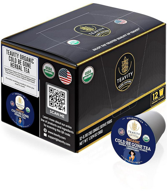 Teavity 유기농 아쉬와간다 티 포드 생강 감초 유기농 히비스커스 사다리파 로즈힙 및 라임 함유 큐리그 - 디카페인 허브 티 - 에너자이징 티 (티 포드 12개), 12 Count (Pack of 1), 유기농 콜드 비 곤 티, 1개