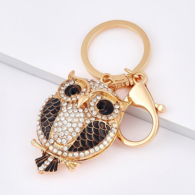 OFFCURVE 부엉이 큐빅 키링 재물 행운 열쇠고리 가방장식, 블랙골드
