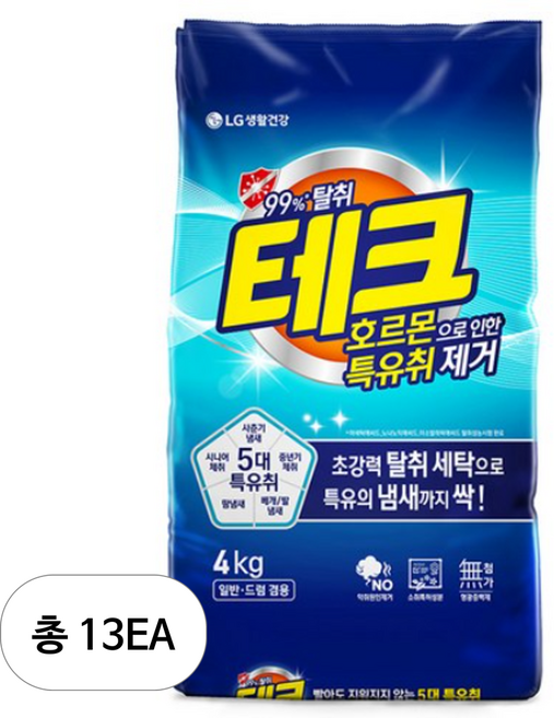 테크 호르몬으로 인한 특유취 제거 분말세제 리필, 4kg, 13개