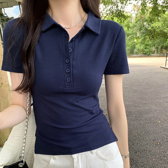 ANYOU 여성 여름 카라넥 버튼 반팔 슬림 세련된 디자인 티셔츠