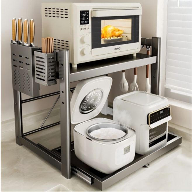 HOMEY NEST 전자레인지 슬라이딩 선반 2단 대용량 높이조절 주방수납 주방후크+젓가락통+칼거치대 증정 HN-C13, 그레이