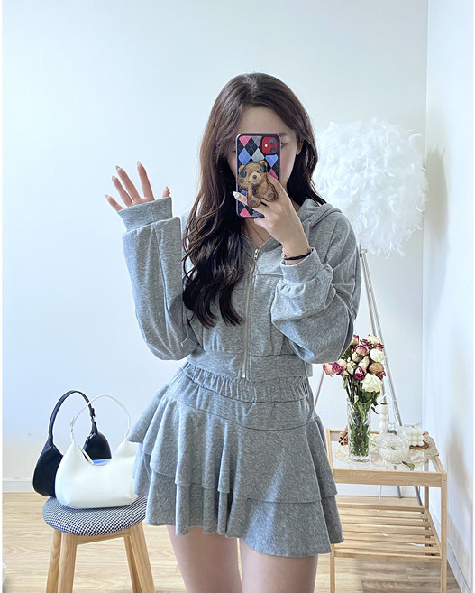[2+1 당일배송] 여성용 트레이닝 치마 세트 꾸안꾸 치마 크롭 후드 캉캉치마 치마바지