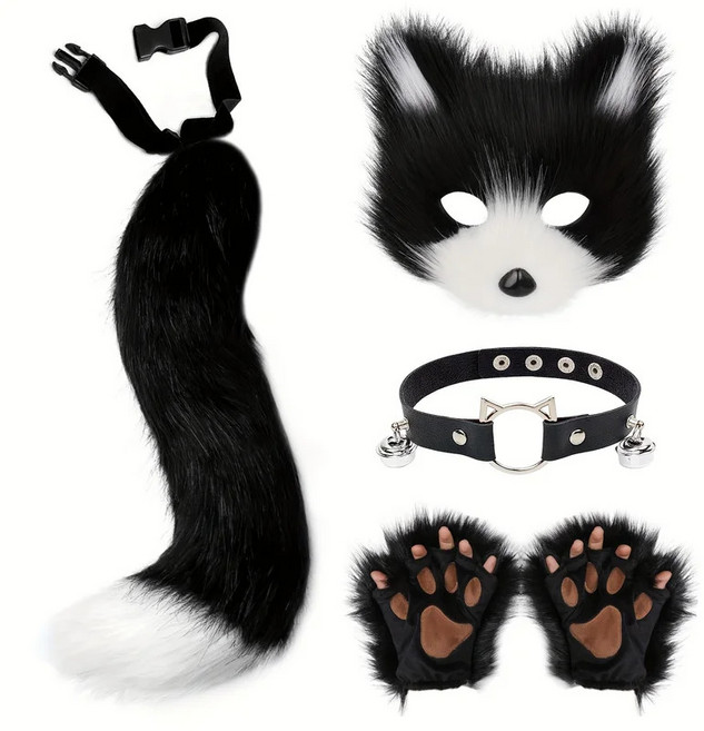 푹신한 모피 여우 꼬리 고양이 발 장갑 늑대 마스크 세트 할로윈 코스프레 코스튬 액세서리 테마 파티 원피스 소품 5 개 핫