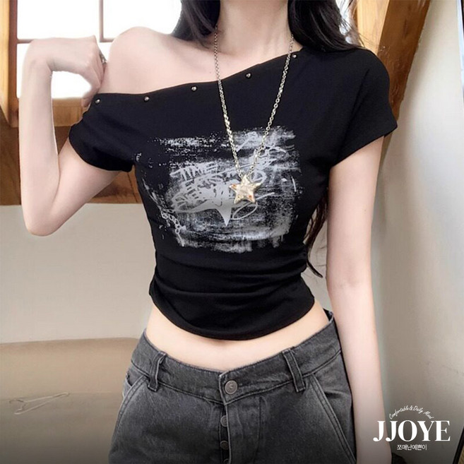 쪼예 Y2K 아메리칸 빈티지 셔링 스터드 언발 오프숄더 크롭 반팔 티셔츠