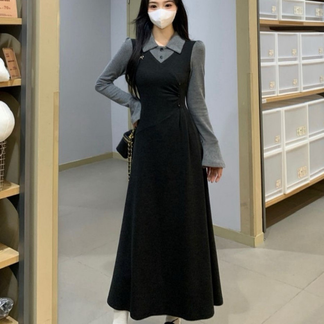 스타일닥터 빅 사이즈 페이크 투피스 빈티지 원피스 날씬해 보이는 여성 긴팔 원피스