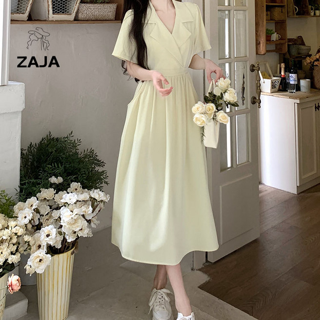 ZAJA 여름 여성 브이넥 카라 반팔 롱원피스 비침없는 데이트룩 하객룩 원피스