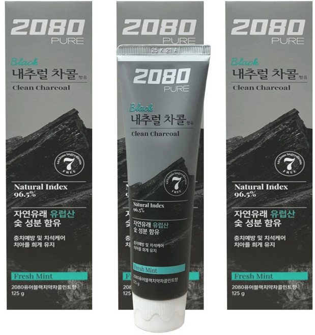 2080 퓨어 블랙 차콜민트 치약, 3개, 120g