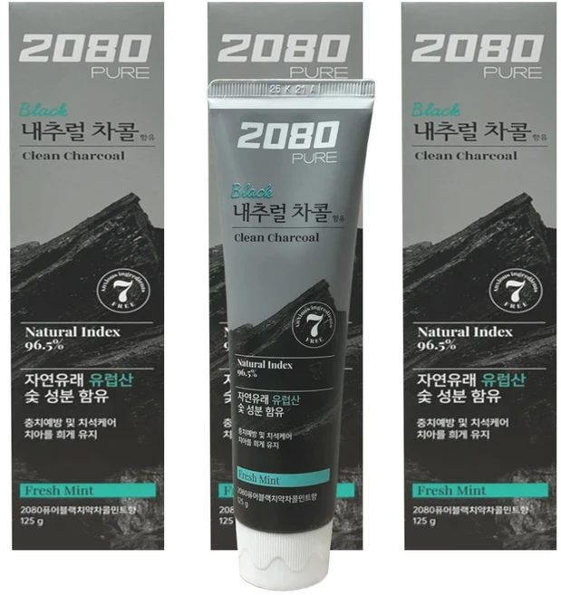 2080 퓨어 블랙 차콜민트 치약, 3개, 120g - 쿠팡