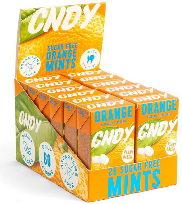 CNDY 민트 | 베리 자일리톨 민트 | 아스파탐 프리 | 무설탕 저칼로리 비건 | 천연 맛 25피스 (12팩), Orange, 25g