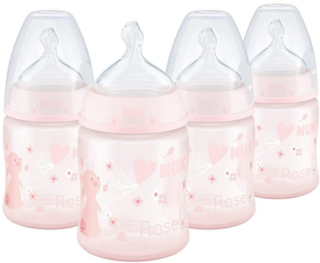 NUK 스무스 플로우 배앓이 방지 디즈니 아기 젖병 및 젖꼭지 신생아 선물 세트 미니 마우스 295ml(10온스) 3팩, 5 Ounce, Pink Bunny
