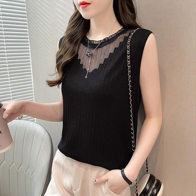 MOSAIRATION 여성 레이스 시스루 배색 라운드넥 세로골지 슬림핏 민소매 니트 나시 U02020110