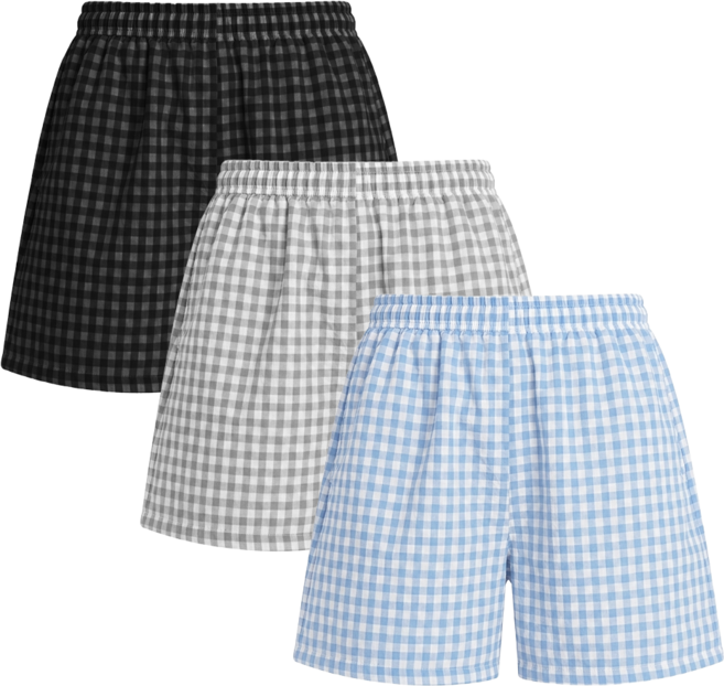 하바우 여성 3부 시어서커 와이드 체크 잠옷 반바지 3종세트