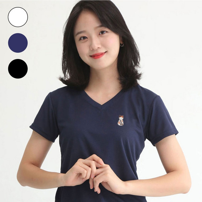 쿨링반팔 쿨론 브이넥 반팔 면티 기본티 여름 기능성 남녀공용 뒷태고양이 자수