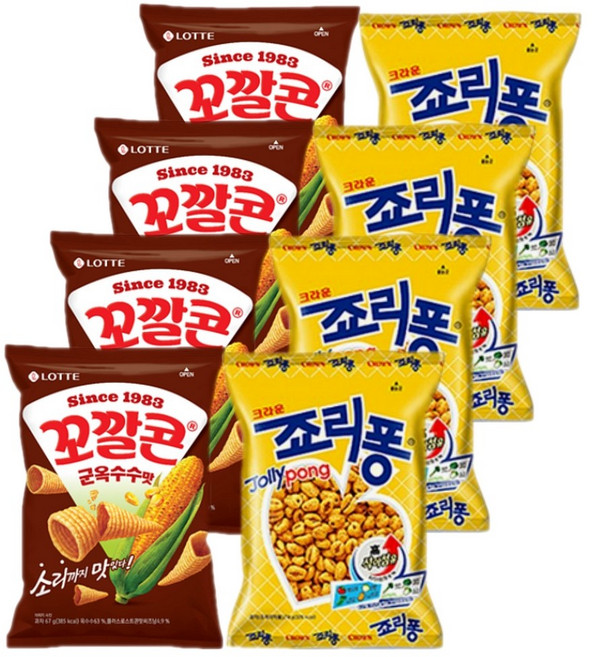 롯데 크라운 스낵모음 꼬깔콘 군옥수수 67gx4개+죠리퐁 74gx4개 (총8개), 1세트, 564g