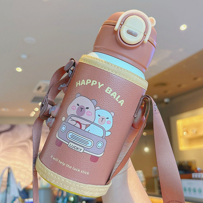 新款拉布布卡通雙飲兒童食品級不鏽鋼保溫杯帶杯套便攜水杯, 1個, 棕色-卡皮巴拉 500Ml