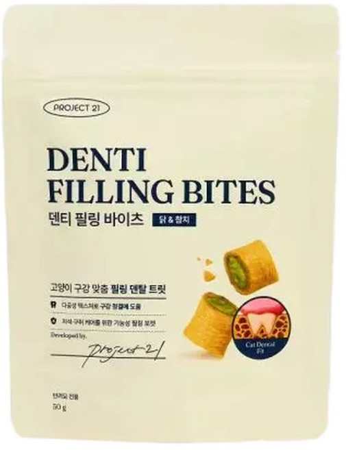 프로젝트21 덴티 필링 바이츠 고양이 트릿 덴탈트릿 이빨과자 간식 치석제거 닭참치맛 50g 200462, 1개