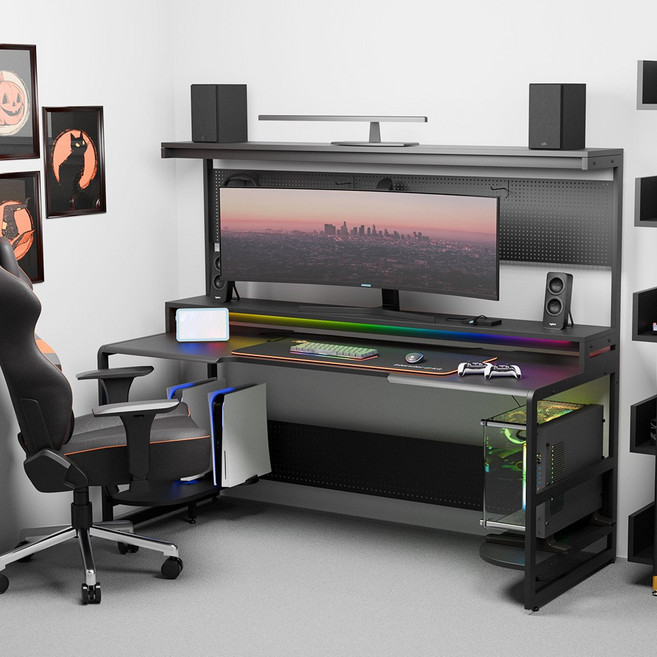 상도가구 프로몬스터 확장형 4종 게이밍책상 컴퓨터책상 (LED 포함), 블랙