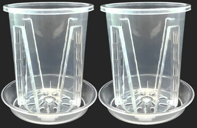 청춘화원 고투명 슬릿화분 받침포함 원형 투명 슬릿분 플라스틱 화분 플분 분갈이 삽목 삽수, 2개