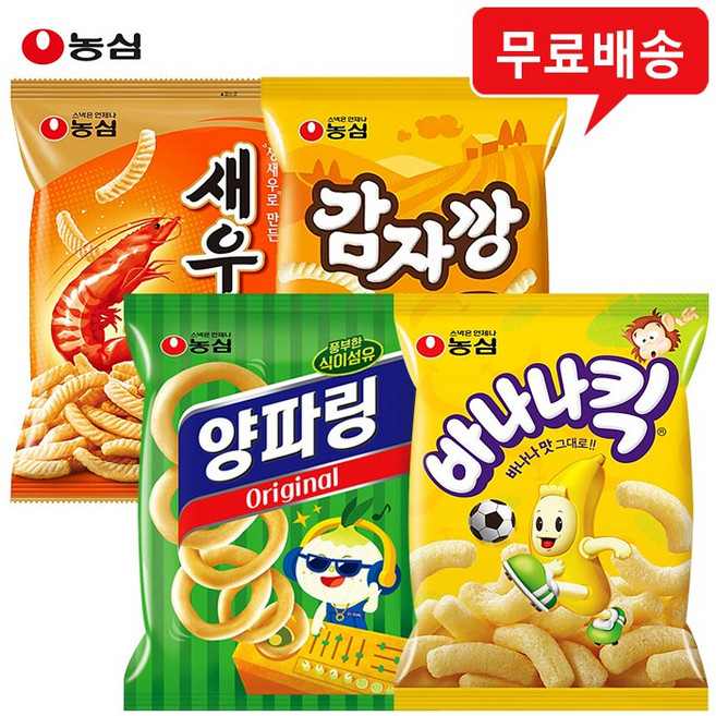 농심 과자 4봉(새우깡1+감자깡1+양파링1+바나나킥1) 무배, 4개, 75g