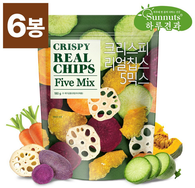 크리스피 리얼칩스180gX6봉/야채칩 자색고구마칩 단호박칩 연근칩 청무칩 당근칩, 180g, 6개
