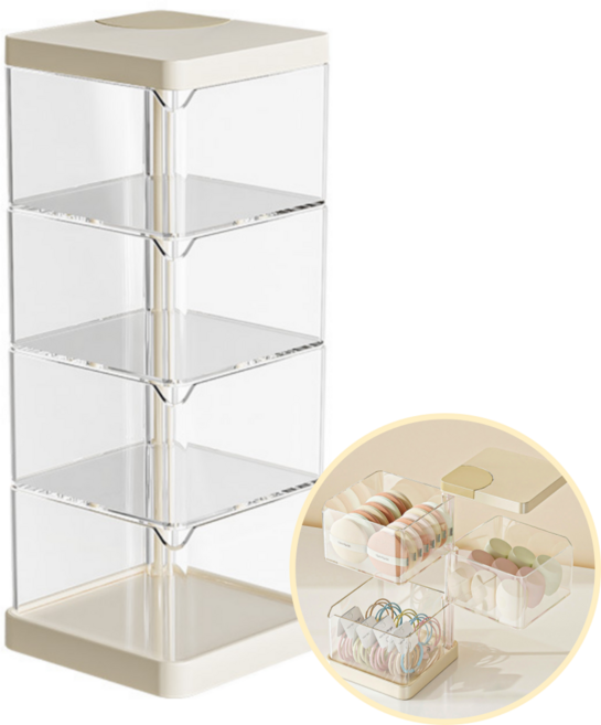 투명 다용도 회전 머리끈 머리핀 악세사리 정리함 퍼프 수납, 베이지, 4단