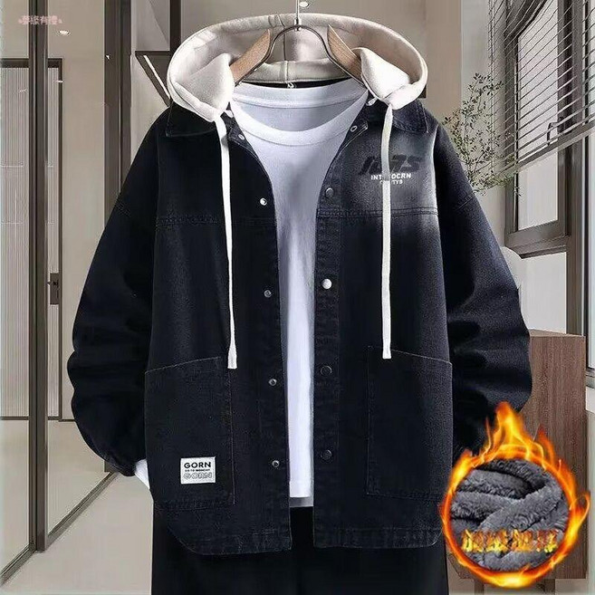 牛仔男士外套 加絨加厚 寬鬆冬季連帽夾克