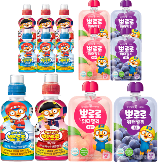 [안녕골목마켓] 팔도 뽀로로음료 밀크맛4개+딸기맛4개+워터젤리복숭아3개+워터젤리포도3개, 밀크4+딸기4+워터젤복3+워터젤포3, 1세트, 120ml